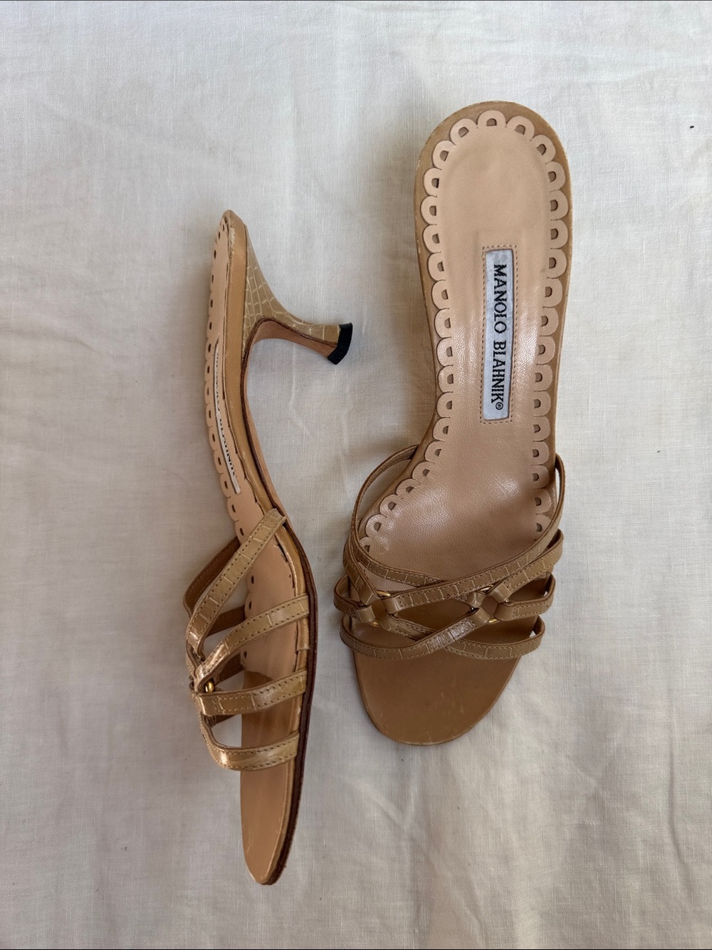 Manolo Blahnik Vintage Beige Strappy Kitten Heel Mules